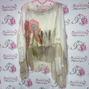 Pull over blouse poppy’s flowers watercolour under shirt attach flowy silk top